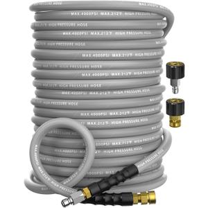 Pressure Washer Hose 150FT 4000 PSI, Kink Resistant Steel Braided Layer & NonMarking Rubber for Hot/Cold Water, High Power Washer Hose With 3/8 Inch Quick Connect & M22 Fitting, Gray