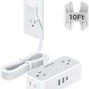 Flat Plug Extension Cord 10 FT, TESSAN Surge Protector Power Strip with 4 AC Outlets 1 USB C and 2 USB A Ports, 900 Joules Protection, Multiple Wall Outlet Extender Suitable for Home Office Dorm