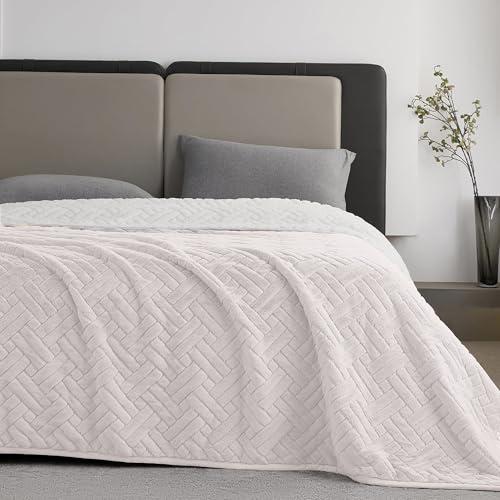 KORBLISS Faux Fur Queen Quilt Blanket for Couch, 480GSM Fuzzy Soft and Warm Coverlet Light Weight Quilted Blanket for Sofa, Chair, Bed, Bedroom, 90x90 Inches,Light Taupe Interwoven