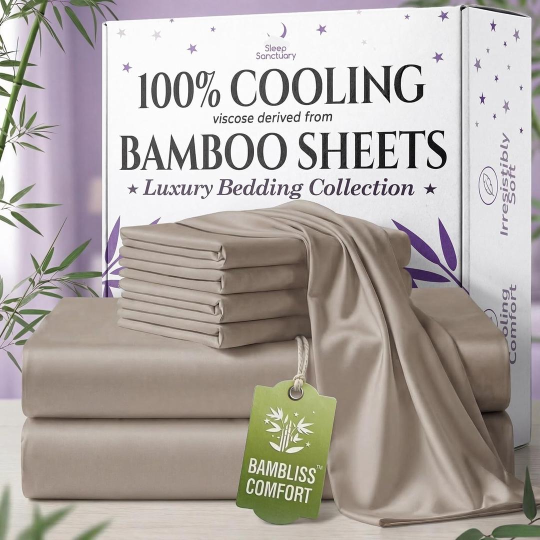 SLEEP SANCTUARY 100% Viscose Derived from Bamboo Sheets King Size 6pcs  BamBliss Luxury Cooling Sheets for Hot Sleepers - Cloud Soft, 17" Deep Pocket, Ultra Durable Bed Set (Taupe)