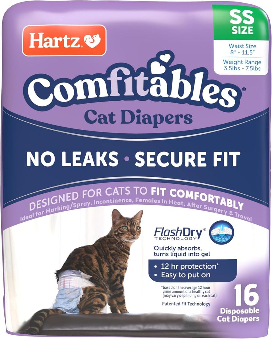 Hartz Comfitables Cat Diapers, Size XS 16 Count, Comfortable & Secure Fit, Easy to Put On (X-Small (SS))