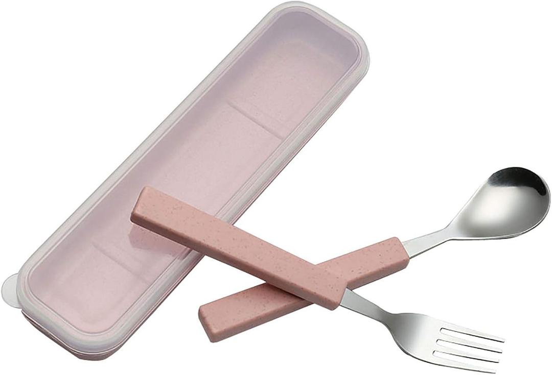 VANRA 2-Piece Children Flatware Set 18/10 Stainless Steel Child Tableware Set Silver Cutlery Set Silverware Dinner Utensils Spoon Fork Set with Travel Case for Kids (Chrome Finished) (Pink) (Pink)