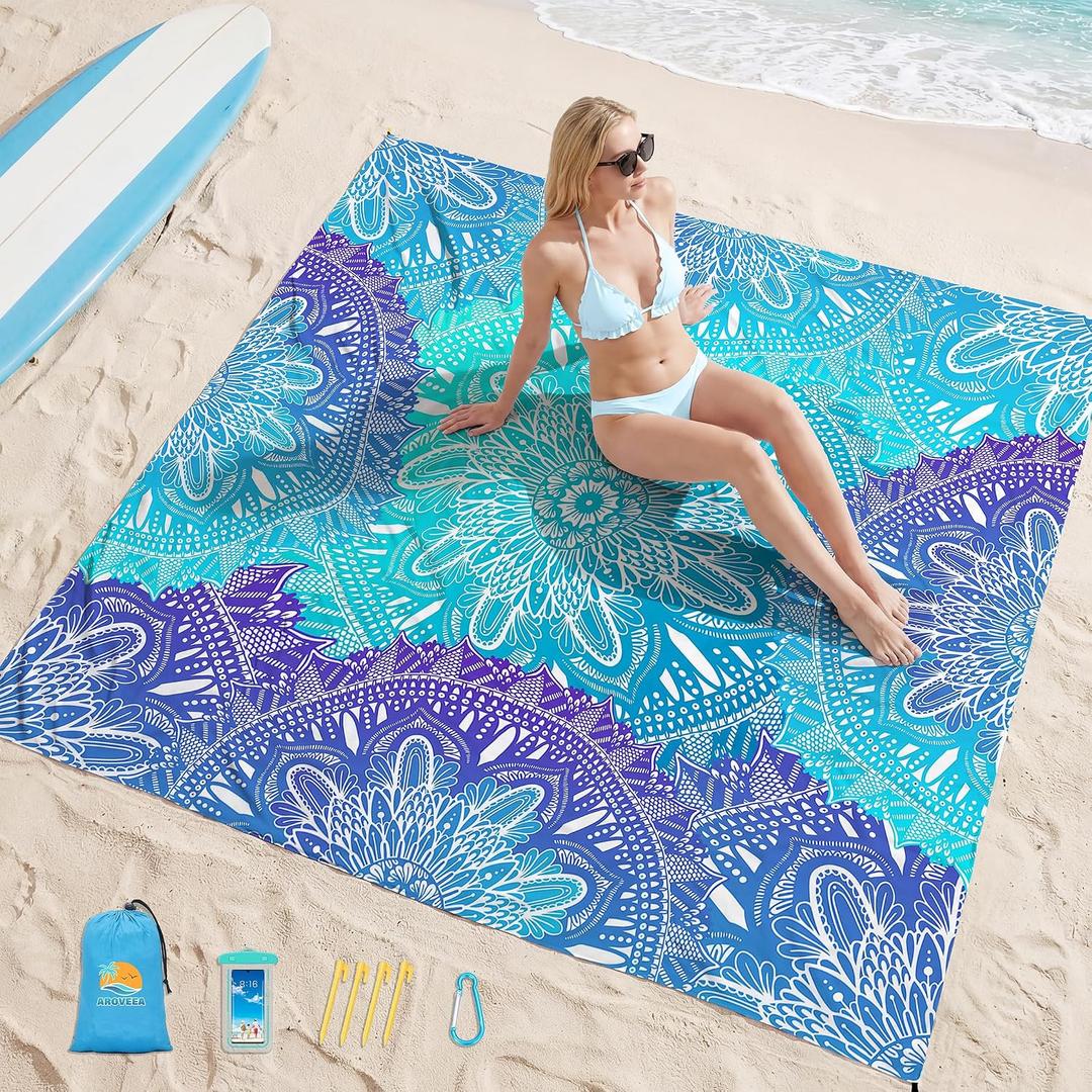 Aroveea Beach Blanket Waterproof Sandproof 1-7 Adult Oversized 78 '' 81 '' Lightweight Durable Compact Sand Free Beach Mat for Travel Camping Hiking Picnic Blanket Extra Large
