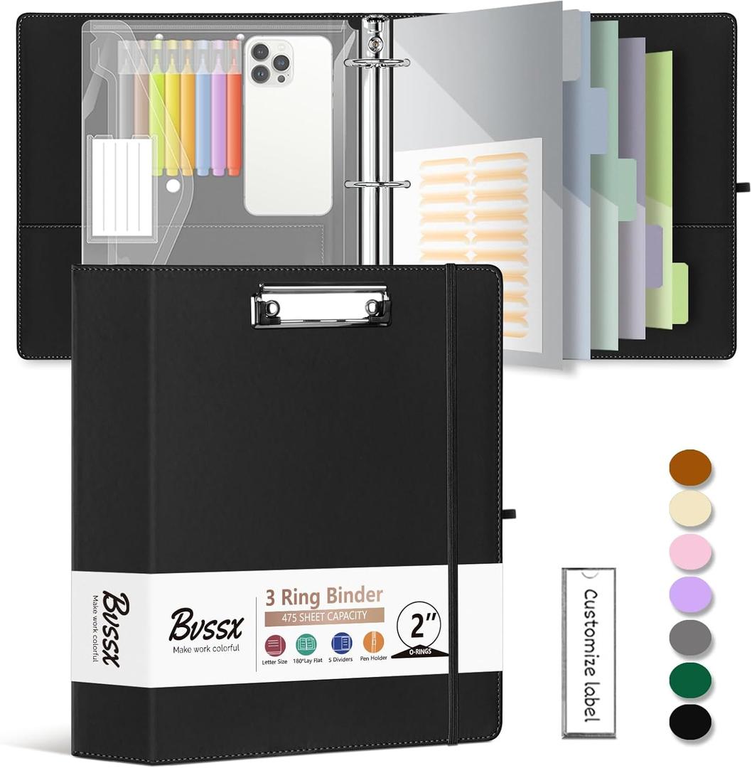 Leather 3 Ring Binder, 2 Inch Binders with Clipboards, 5-Tabs Pockets Dividers, 18 Divider Stickers, Plastic Folder, Pen Holder, Three Ring Binder with Pen Holder (Black, Letter Size)