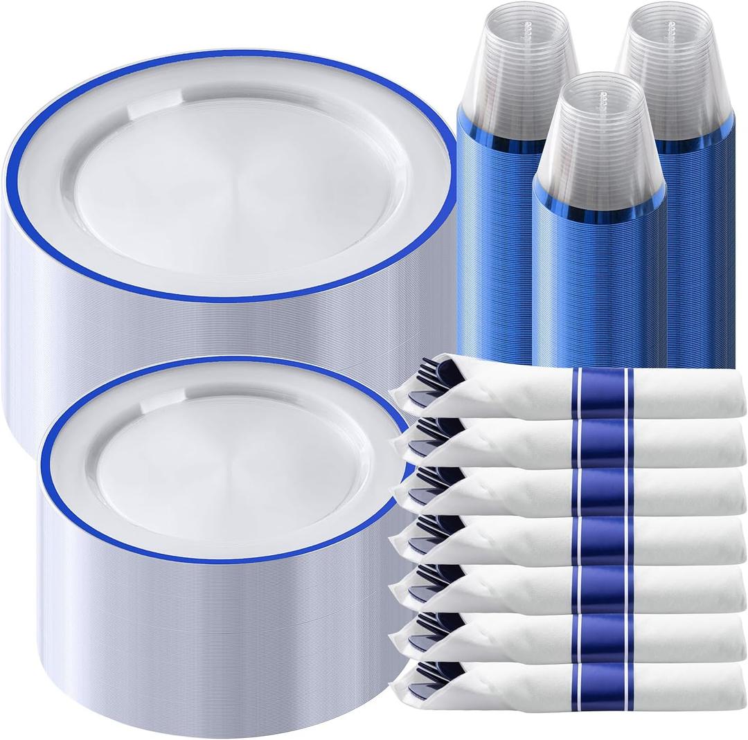 Goodluck 350 Piece Dark Blue Plastic Dinnerware Set for Party, Clear Disposable Plates for 50 Guests, Includes 100Plates, 50 Pre Rolled Napkins with Cutlery Set, 50 Cups, for Graduation, Birthday