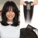 Hairro Human Hair Toppers with Wispy Bangs, Clip in 360° 3D Coverage with 3.15"x4.33" Lace Base, Seamless Lightweight Real Hairpieces for Thinning Hair, 10 Inch #1B Natural Black