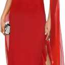MAYFASEY Women's Sexy Elegant Long Sleeve High Split Mesh Ruched Formal Long Evening Party Maxi Dress with Cape (Red, M)