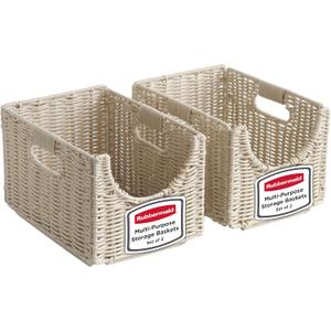 Rubbermaid Woven Storage Baskets - Set of 2 Stackable and Collapsible Bins with Handles, Small Resin Rattan Organizers for Shelves, Closet, Bathroom, Bedroom, 11.5” x 8”, Ivory