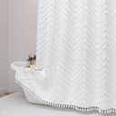 OWENIE White Fabric Shower Curtain, Boho Shower Curtains for Bathroom Chic Tufted Chevron Striped Textured with Tassel, Soft Hotel Style Farmhouse, Machine Washable, 72x78, White