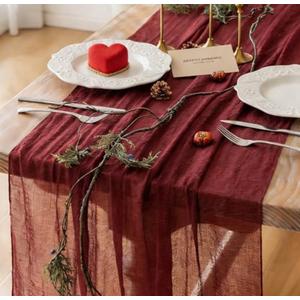 Keketoarrange Burgundy Table Runner Valentines Decor Red Cheesecloth Gauze 120 Inch 10 FT Rustic Boho Cheese Cloth Runner for Wedding Baby Bridal Shower Party Long Sheer Spring Home Decorations