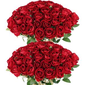 Hananona 50 Artificial Roses in Bulk, Fake Velvet Silk Burgundy Roses Realistic Red Roses for Wedding Centerpieces Flower Arrangement Home Decor (50, Burgundy)