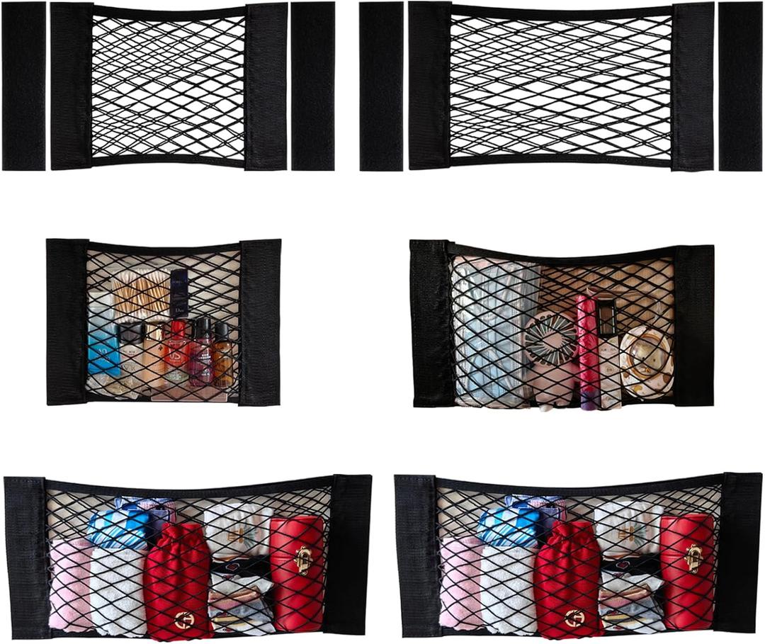 6 Pack Mesh Cargo Net Trunk Cargo Net Wall Sticker Organizer Pouch Bag Elastic Net with Tape Stickers for Car Trunk Storage Storage Holder for Kitchen Cabinet,Closet Organize (6PCS (Different Sizes))