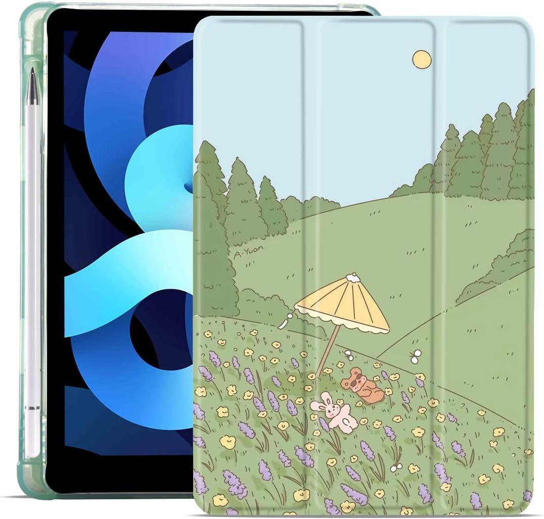 MAYCARI Cartoon Rabbit Floral Case for iPad Pro 11 Inch Case 2022/2021/2020 with Pencil Holder, Cute iPad Pro 4th/3rd/2nd Generation Protective Case with Soft TPU Green, Auto Sleep/Wake Slim Shell