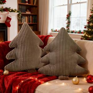 Lanpn Christmas Tree Pillows Set of 2, Christmas Decoration Narrow Stripes Winter Throw Pillow Soft Cute 3D Shaped Xmas Tree Throw Cushion for Sofa Bedroom Xmas Decor (18x16 inch, Brown)