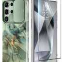 GVIEWIN for Samsung Galaxy S24 Ultra Case with Slide Camera Cover+Screen Protector, [Military Grade Shockproof] Marble Protective Slim & Tough Phone Case for S24 Ultra 6.8"(Desert Dream/Green)