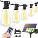 Larkvue 48FT Solar String Lights Outdoor with Remote, Waterproof Dimmable Patio Lights with 15+1 LED ST38 Bulbs 3 Modes Hanging Lighting for Backyard (Black)