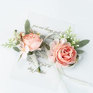 YSOJMAN Wrist Corsage Wristlet and Boutonniere Set for Wedding Bridesmaid Mother Grandmother for Bridal Shower Wedding Artificial Roses Flower Prom Set of 2 (Blush)