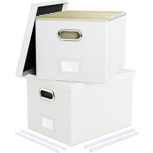 2 Pack File Storage Organizer, Portable File Box with Lid, Fit for Letter/Legal File Folder Storage, White (Leather) - Box only