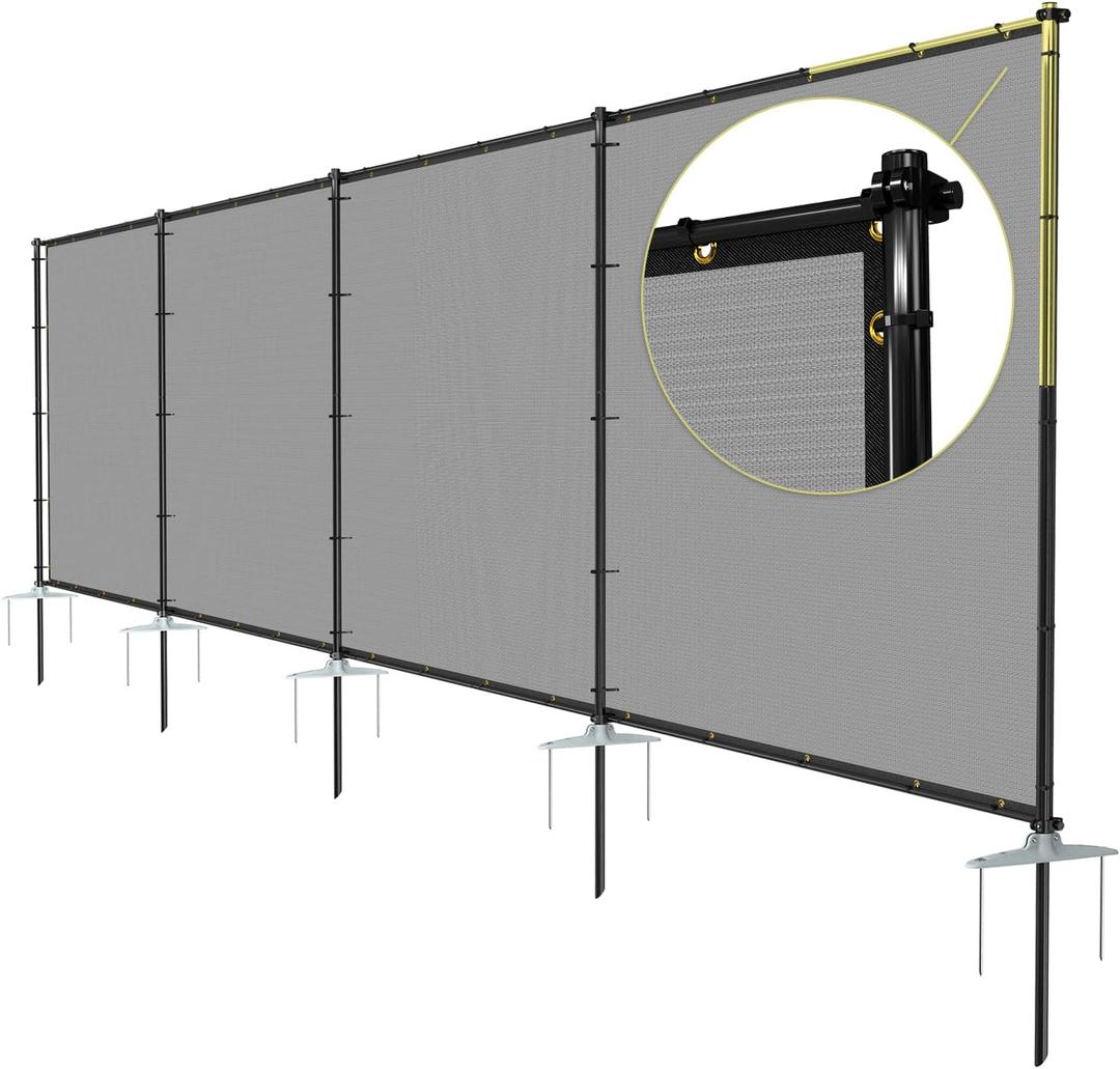 TANG 5'x24' Outdoor Privacy Screen FreeStanding, 220GSM Mesh Fencing with Poles Stakes, Privacy Fence Panels for Outside, Temporary Dog Fences for Garden Patio, Gray