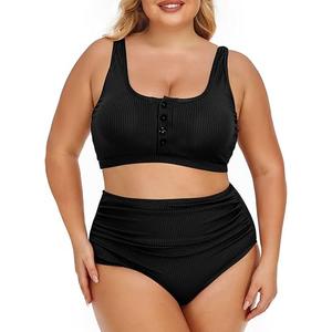 Summer Mae Plus Size Women Ribbed Bikini Set Two Piece High Waist Swimsuit Scoop Top Tummy Control Bathing Suit Swimwear, Black , Plus 16