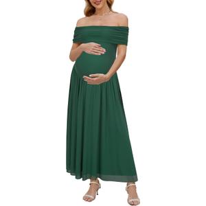OUGES Women's 2026 Off The Shoulder Mesh Maxi Maternity Dress for Photoshoot Baby Shower Sleeveless Formal Long Dresses M