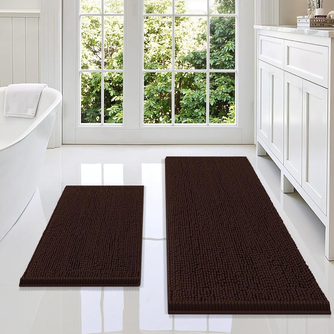Smiry Bathroom Rugs Sets 2 Piece, Soft Absorbent Chenille Machine Washable Non Slip Shaggy Bath Rug Set for Tub, Shower, and Floor (47x17+24x16, Brown)