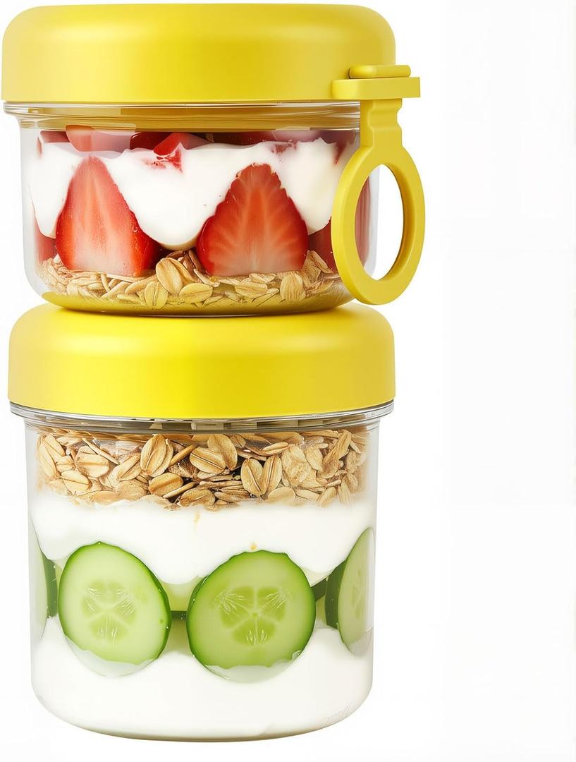 2 x LKTKJDS On the Go Yogurt Parfait Snack Cup 26 oz with Spoon & Lid, 100% Leak Proof Granola Holder for To Go Breakfast Cereal Fruit Overnight Oats Container Reusable, Travel Hiking Camping (yellow Oatmeal Cup)