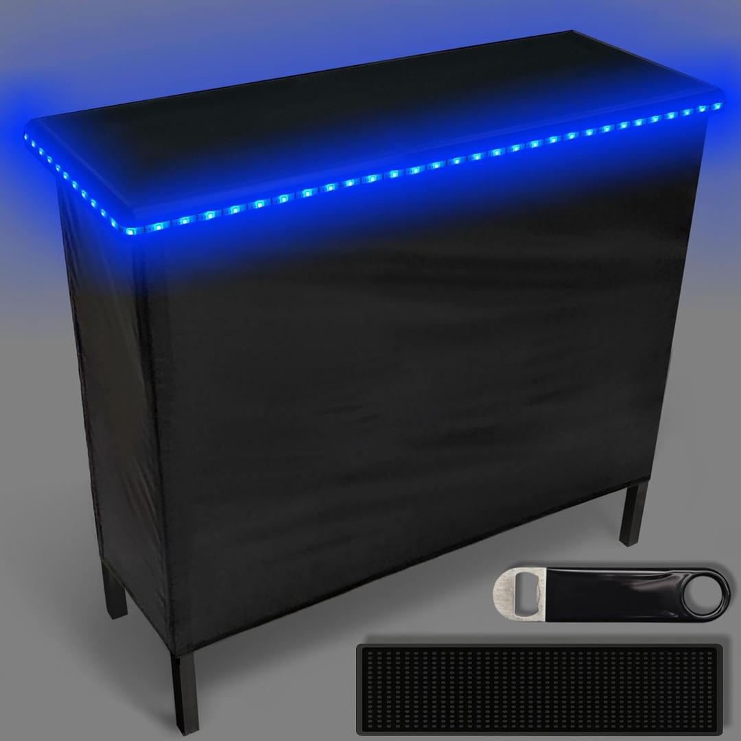 PartyLife NEW & Improved Portable Bar Table w/LED Lights, Folding Steel Legs, 2 Bar Skirts, Supportive Storage Shelf & Carrying Case - Black, Standard
