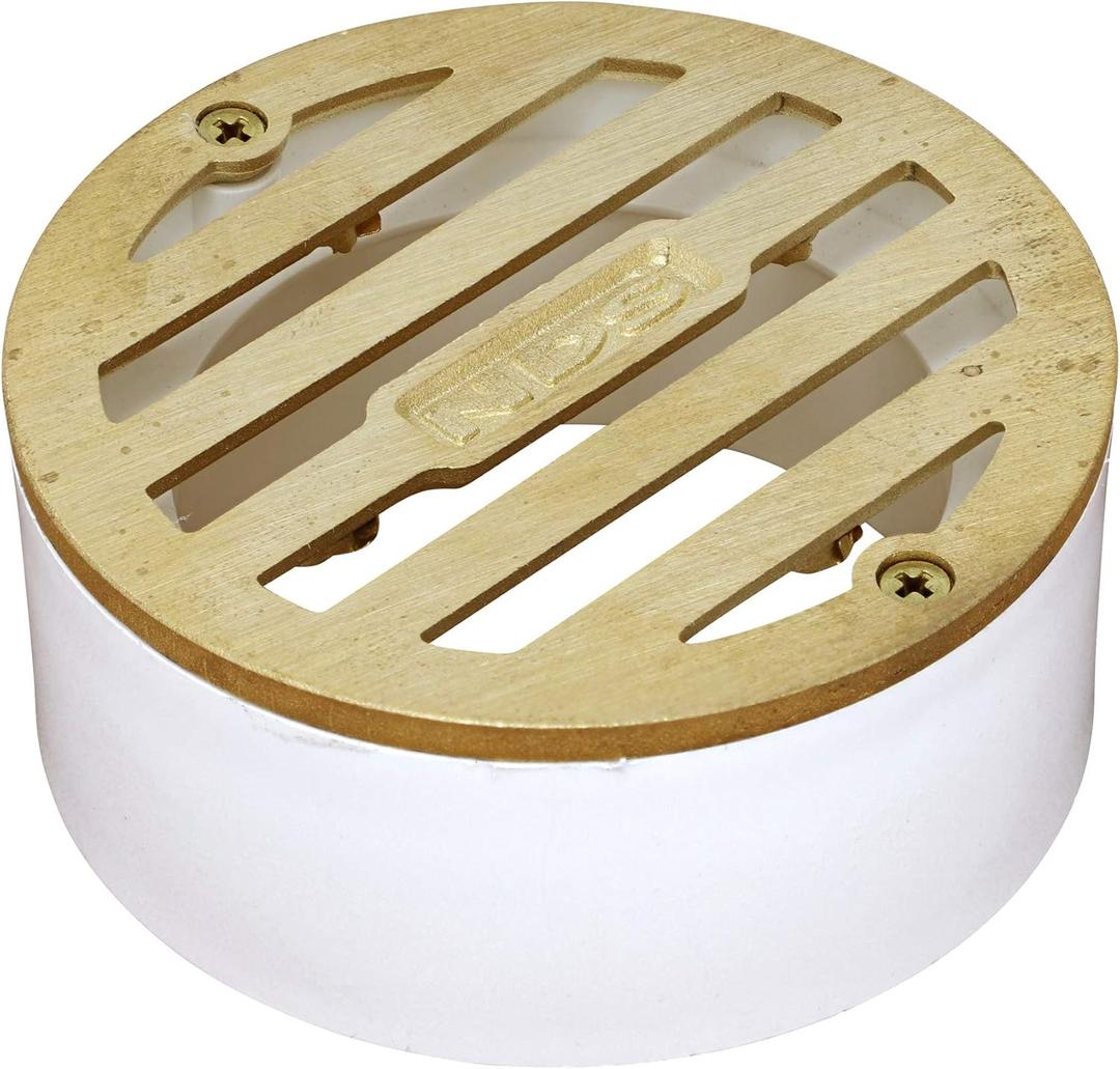 NDS 909B*, 3-Inch Round Grate with Collar, Connects to 2-Inch Drain Pipe and 3-Inch Drain Fittings, for Small Lawns, Landscaping and Patios, White Plastic and Satin Brass, Pack of 1