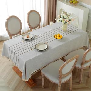 Alsoo Table Cloths Rectangle Table, Waterproof Tablecloth Cotton Linen Table Cloth Wrinkle Free Farmhouse Dining Tables Cover, Soft Fabric Table Cloths with Tassels, Brown Linens, 55" X 55", 4 Seats (Coffee, Brown Lines)