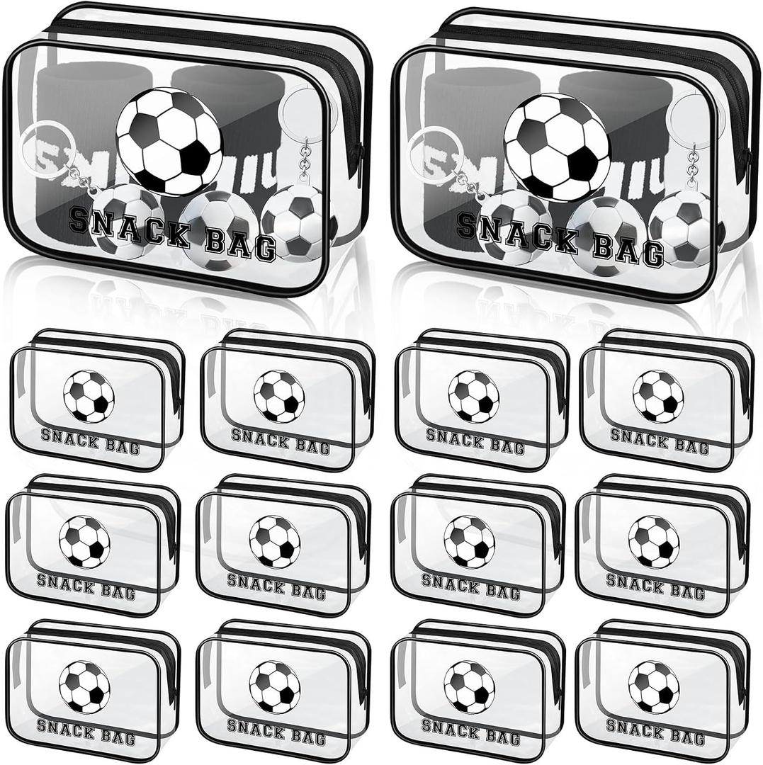Demonwer 12 Pcs Soccer Snack Bags for Team Gifts Black Soccer Goodie Treat Clear PVC Candy Pouch Bags with Zipper for Team Birthday Sport Party Favors