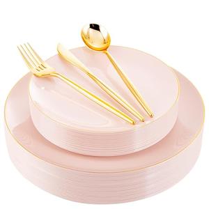 I00000 30 Guests Pink Plastic Plates for Party,Heavy Duty Pink Disposable Plates,Gold Dinnerware Set Include 30 Dinner Plates,30 Dessert Plates,30 Gold Plastic Silverware Set for Party.