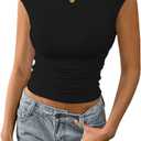 Nasperee Women Sleeveless/Cap Sleeve Mock Turtleneck Tank Tops Slim Fit Side Ruched Stretch Crop Y2K Tee Shirts (Black, XS)