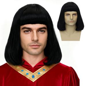 Unisex Natural Black Straight Flip in Short Full Bang Realistic Halloween Costume Cosplay Synthetic Bob Wig, 12 x 7 x 1 inches
