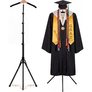 FoldTier Graduation Cap and Gown Display Stand 3-in-1 Adjustable Presentation Garment Rack with Wood Hanger Safety Pins Foldable Clothing Steamer Hanger Rack for Ceremony Photo Booth Retail Vendors