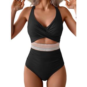 B2prity One Piece Swimsuit for Women Tummy Control V Neck Bathing Suit Color Block High Waisted Cutout Swimwear (Medium, Black)