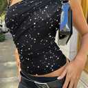 Women One Shoulder Top Ruched Mesh Crop Tank Slim Fit Shirt Glitter M