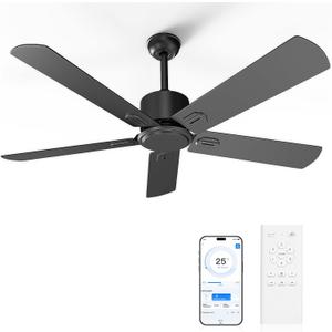 52 Inch Ceiling Fan No Light - Outdoor Indoor Flush Mount Low Profile DC Motor Fan with Remote and APP, 5 Blades Reversible Silent Fan for Patio, Bedroom, Living Room, Garage Black