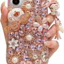 iFiLOVE for iPhone 16 Plus Bling Diamond Case, 3D Luxury Sparkle Glitter Crystal Rhinestone Butterfly Flower Pendant Charm Case Cover for Girls Women Kids (Pink)