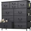 Dresser for Bedroom with 10 Drawers, Chest of Drawers with Side Pockets, Hooks, Wooden Top and Sturdy Metal Frame, Fabric Dresser Drawers for Living Room, Hallway (Black Wood Veins)