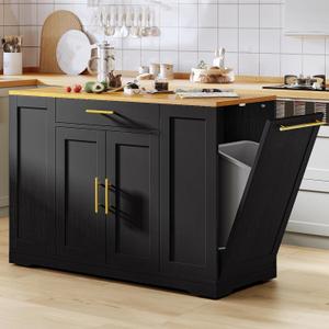 YITAHOME 53 Inch Large Rolling Kitchen Island with Trash Can Storage Cabinet, Portable Mobile Islands Table Long Floating Movable w Wheels Cabinet for 13 Gallon Garbage Bin 2 Drawer, Black