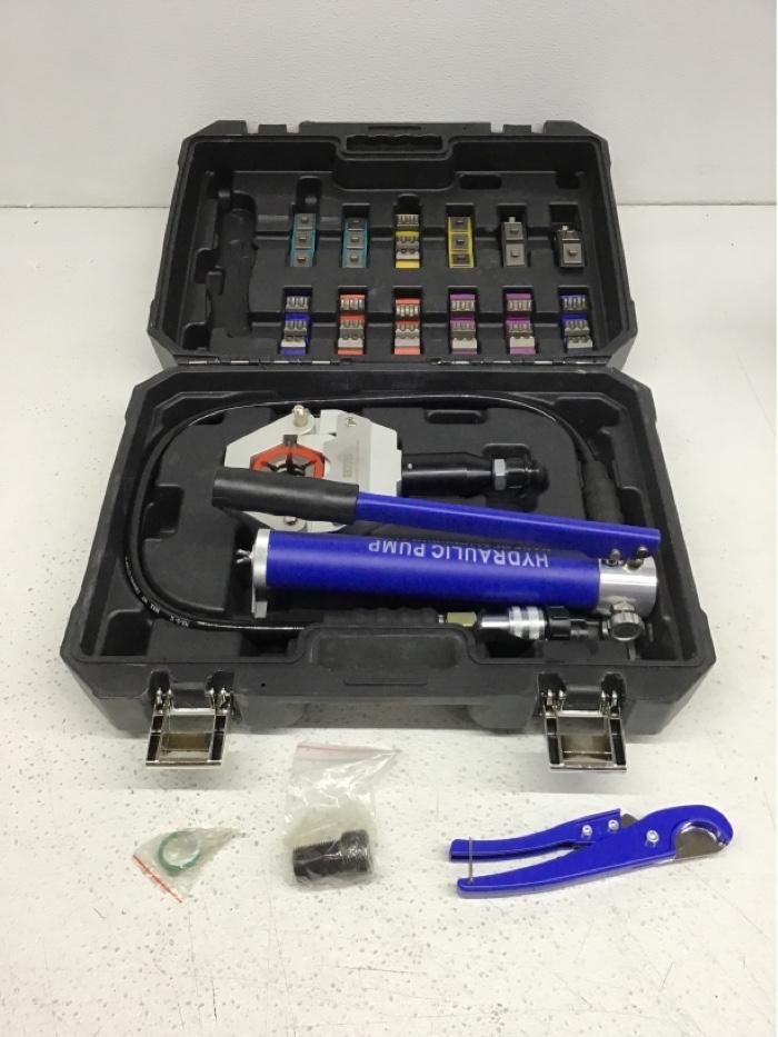 Hydraulic hose crimper AC crimping tool, air conditioning repair tool with barbed and beaded hose fittings for manual automobile A/C hose crimper kit with manual pump -QIeeSten(QI-7842)