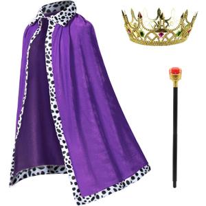 King Costume for Kids Robe Crown Scepter Set Boys Royal Prince Cape Dress Up Cosplay (Medium)