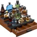 Perfume Cologne Organizer for Men: 4 Tier Wooden Perfumes Stand, Desktop Parfum Holder Wood Display Shelf with Cabinet, Bedroom Dresser Makeup Lotion Jewelry Storage Rack with Drawer