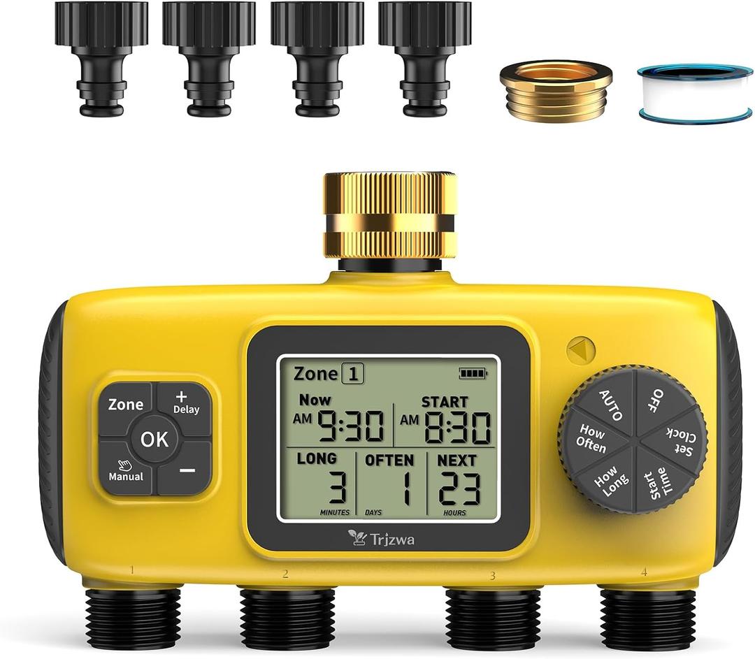 4 Zone Water Timer for Garden Hose, 4 Outlets Sprinkler Timer for Watering with Brass Inlet,Rain Delay/Automatic/Manual Irrigation System for Garden Sprinkler Controller for Lawn Yard Garden