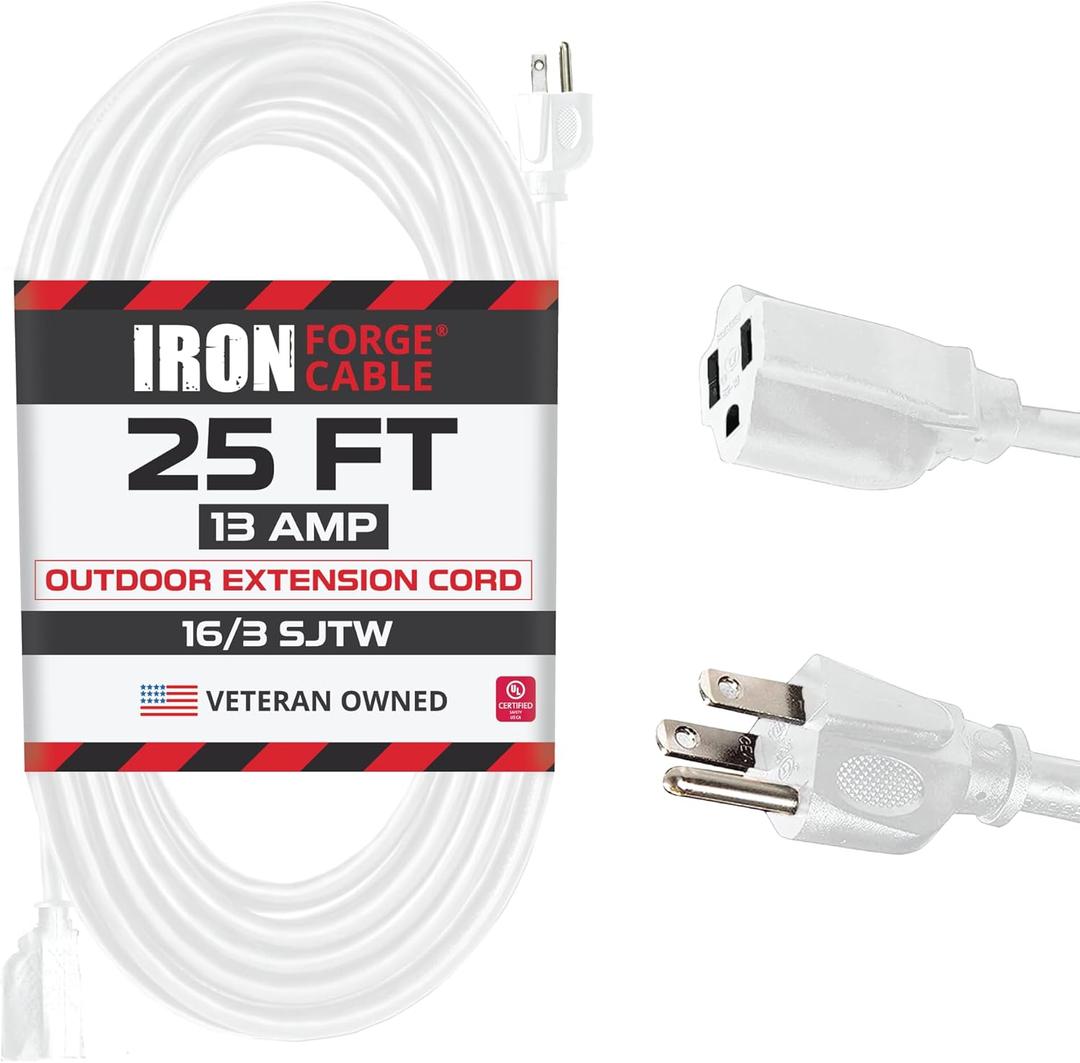 Iron Forge Cable Weatherproof 25 Ft Outdoor Extension Cord - 16/3 SJTW Heavy Duty White Extension Cord 3 Prong - 13 Amp Exterior Power Cable