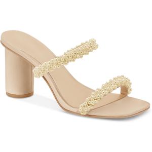 Womens Chunky Heeled Sandals Pearl Strappy Open Square Toe Slip-on Block Heels Backless Mules Shoes (6, Khaki)