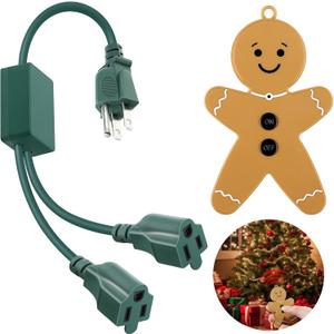 Enhon Christmas Tree Lights Controlled Outlet, Plug in Control Outlet Extension Cord with 2 Sockets and Gingerbread Man Remote Switch for Christmas Tree and Long Range Lighting Control, Green (1 Pack)