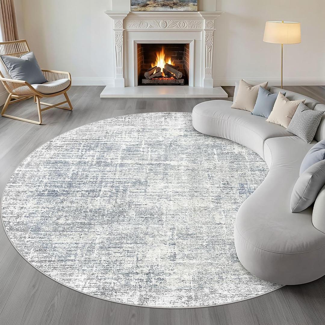 LOONGRUG Round Rug 10x10 Washable Neutral Modern Rug for Living Room Blue | Circle Large Abstract Soft Stain Resistant Indoor Non-Slip Carpet for Bedroom Nursery Kids Office Playroom Dining Room