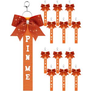 Landical Cheer Pin Me Ribbon Cheerleader Ribbon Keychain with Rhinestones Bow for Cheerleader Bag Backpack (Orange)